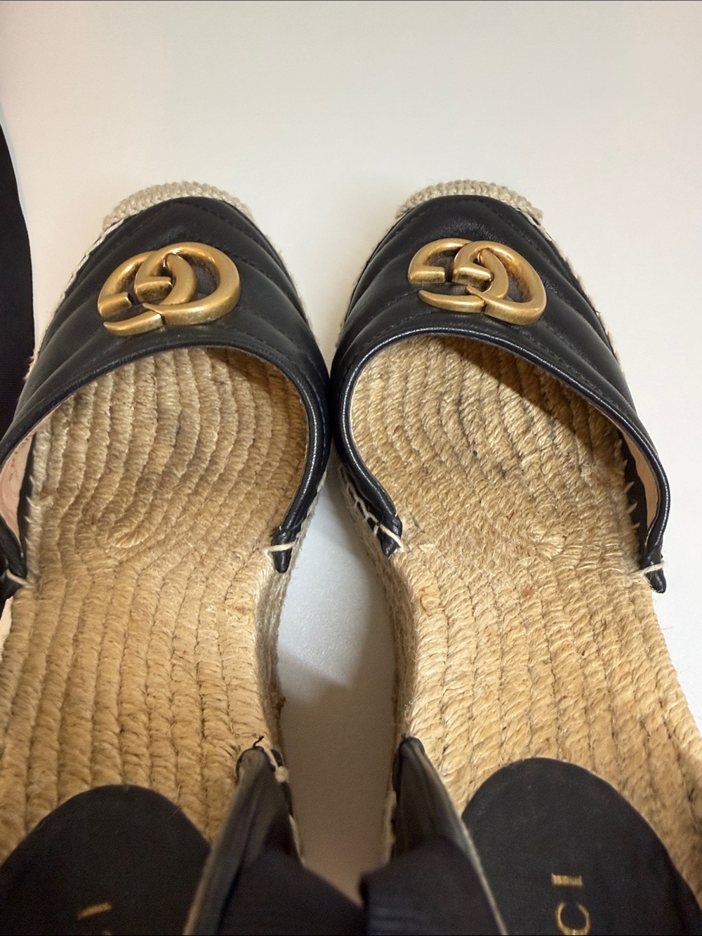 Gucci Black Leather GG Espadrille Wedges with Ribbon Ties - Picture 7 of 14